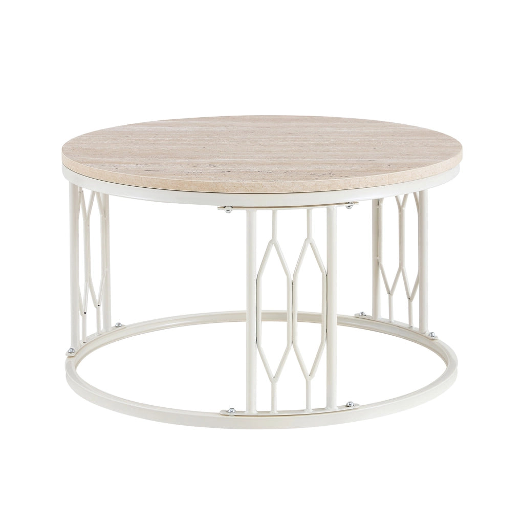 Tavolino rotondo da caffè ?70 cm in MDF effetto legno e acciaio; bianco