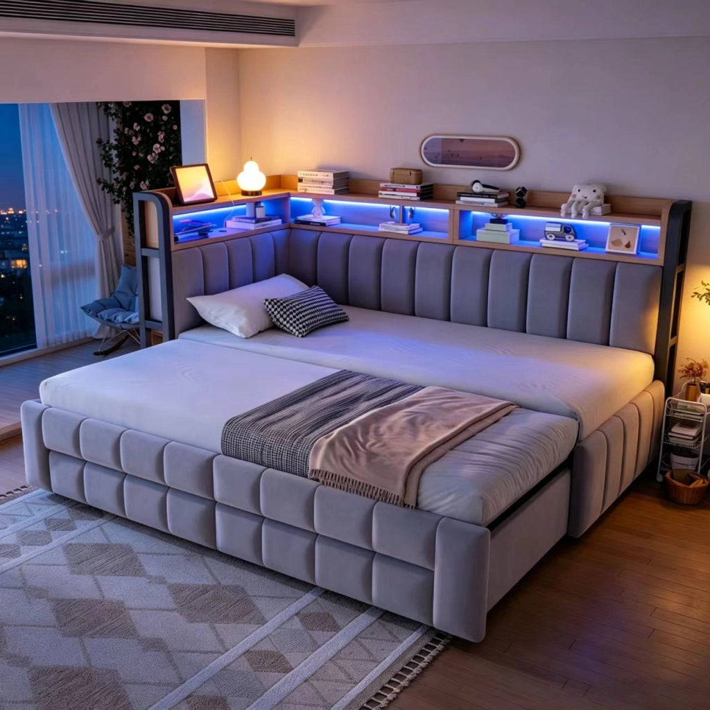 Letto divano 90 × 200 cm estensibile a 180 × 200 cm con cassetti, ripiani, LED, USB e Type-C, senza materasso