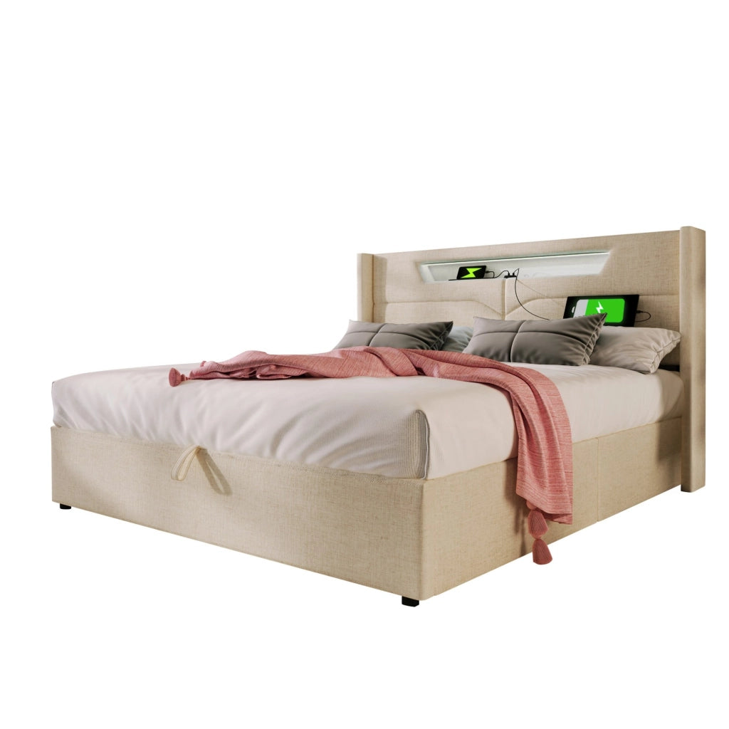 Letto imbottito 140x200 cm con contenitore; LED e USB Type-C in lino beige