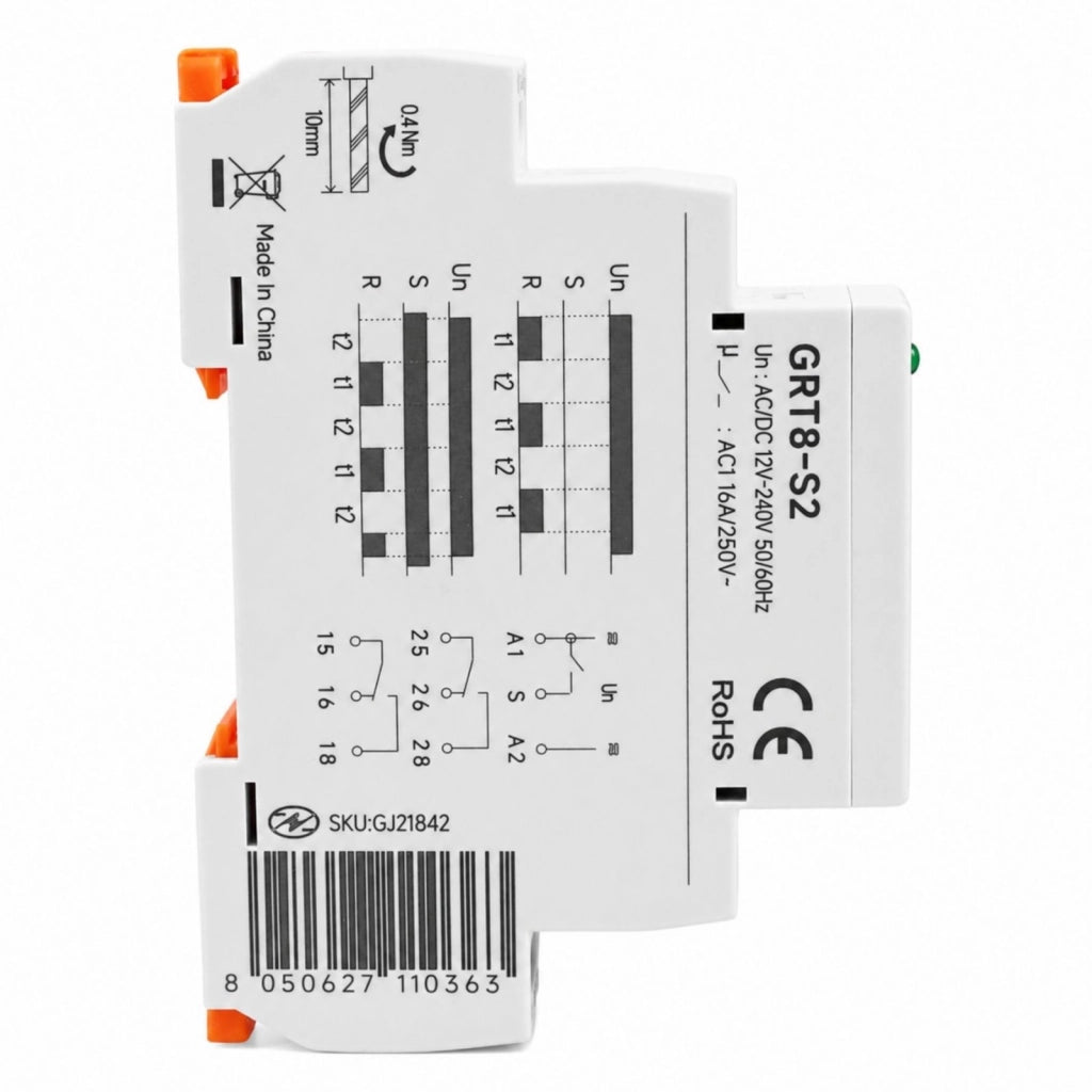Relè Temporizzato Ciclico Asimmetrico, AC/DC 12-240V, 2 Contatti SPDT 16A, Timer Pausa Lavoro, Relay Lampeggiatore, Rele Intermittente, 1 Modulo Barra DIN