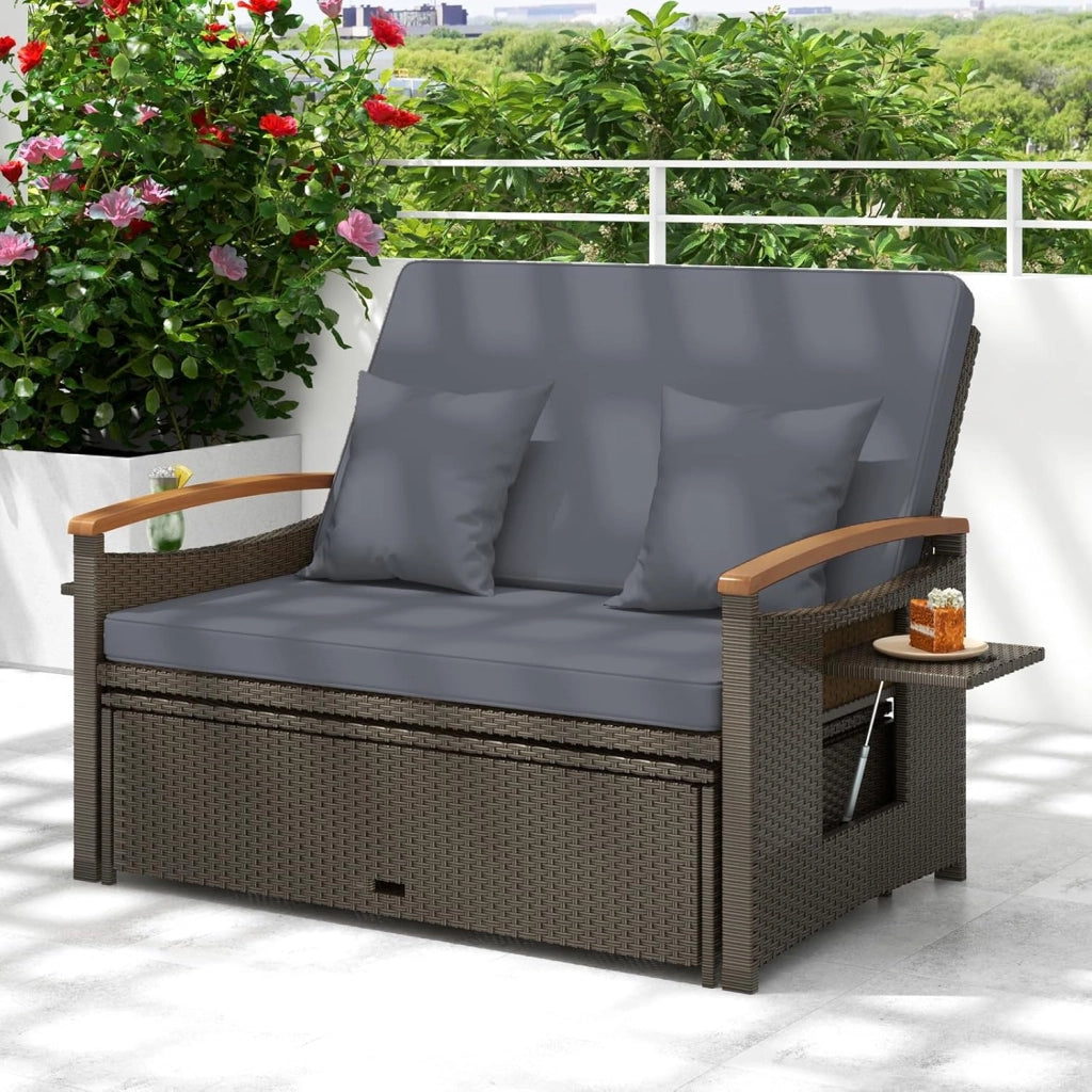 Divano da Giardino in Rattan a 2 Posti con Funzione Allungata, Set di Mobili in Rattan con Sgabello, Doppia Sedia a Sdraio per 2 Persone, 3 Colori (Cuscino Grigio)