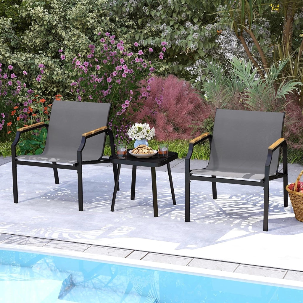 Set da Giardino a 3 Pezzi, Set Mobile da Esterno con Talaio in Metallo, Poltrona e Tavolino Quadrato, Set da Bistro con 2 Poltrone, per Giardino Cortile Piscina