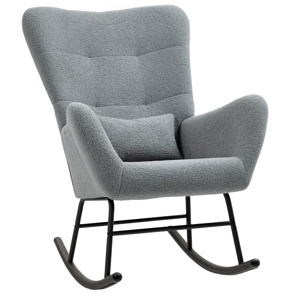 Poltrona a dondolo in tessuto teddy grigio con tasca laterale e struttura in metallo, 67x95x100 cm
