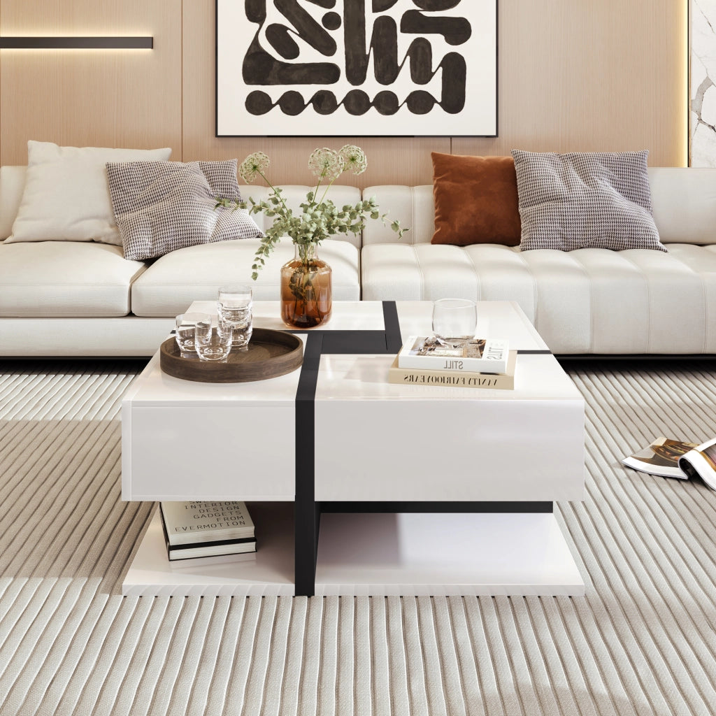 Tavolino da Caffè Quadrato con 4 Cassetti e Ripiano; Motivo a Linee Bicolore; Bianco Lucido; in Pannello Truciolare; 78×78×36 cm