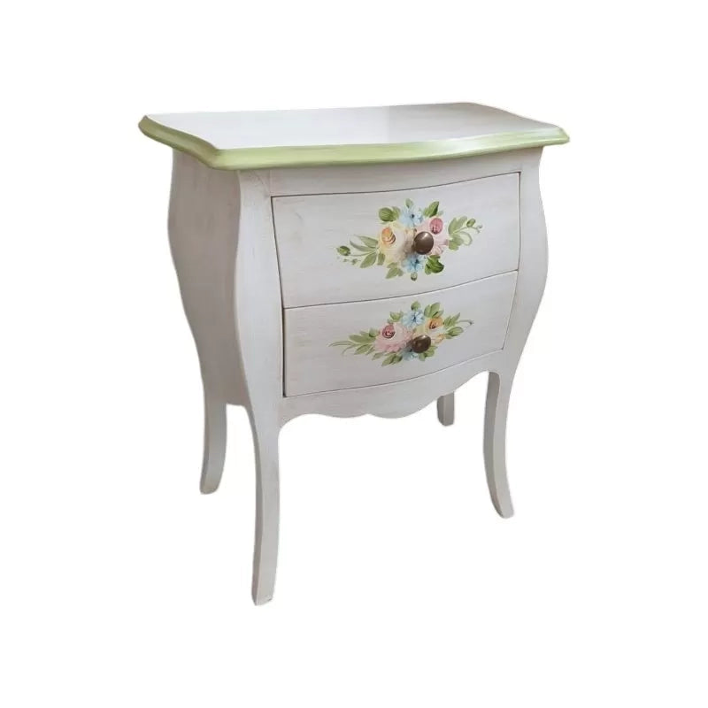 Comodino legno shabby bianco anticato decori filo verde 50x30x60 - Mobili 2G