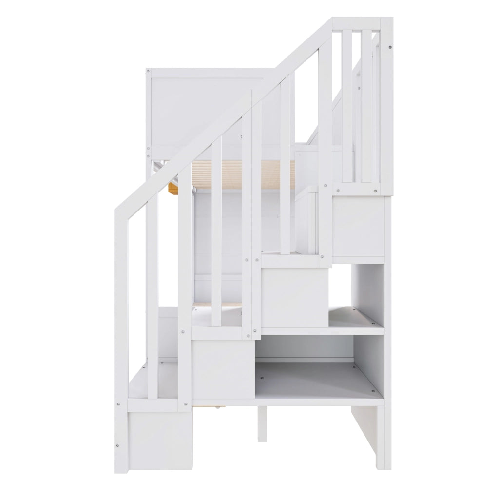 Letto a castello per bambini 90x200 cm in legno di pino bianco con scrivania; scala e cassetti