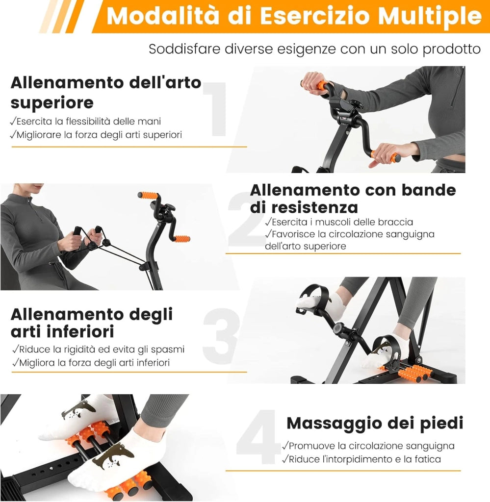 Cyclette a Pedali, Macchina per Fitness Mani, Braccia, Gambe e Ginocchia con Massaggio e Monitor LCD, Altezza e Lunghezza Regolabili