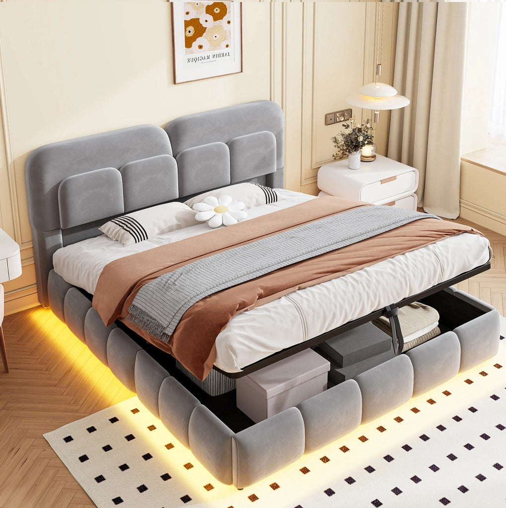 Letto imbottito 140x200 cm con contenitore idraulico e LED; velluto; grigio
