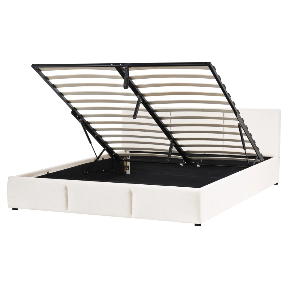 Letto rivestito in tessuto bianco sporco, 160 x 200 cm, testiera trapuntata con vano portaoggetti