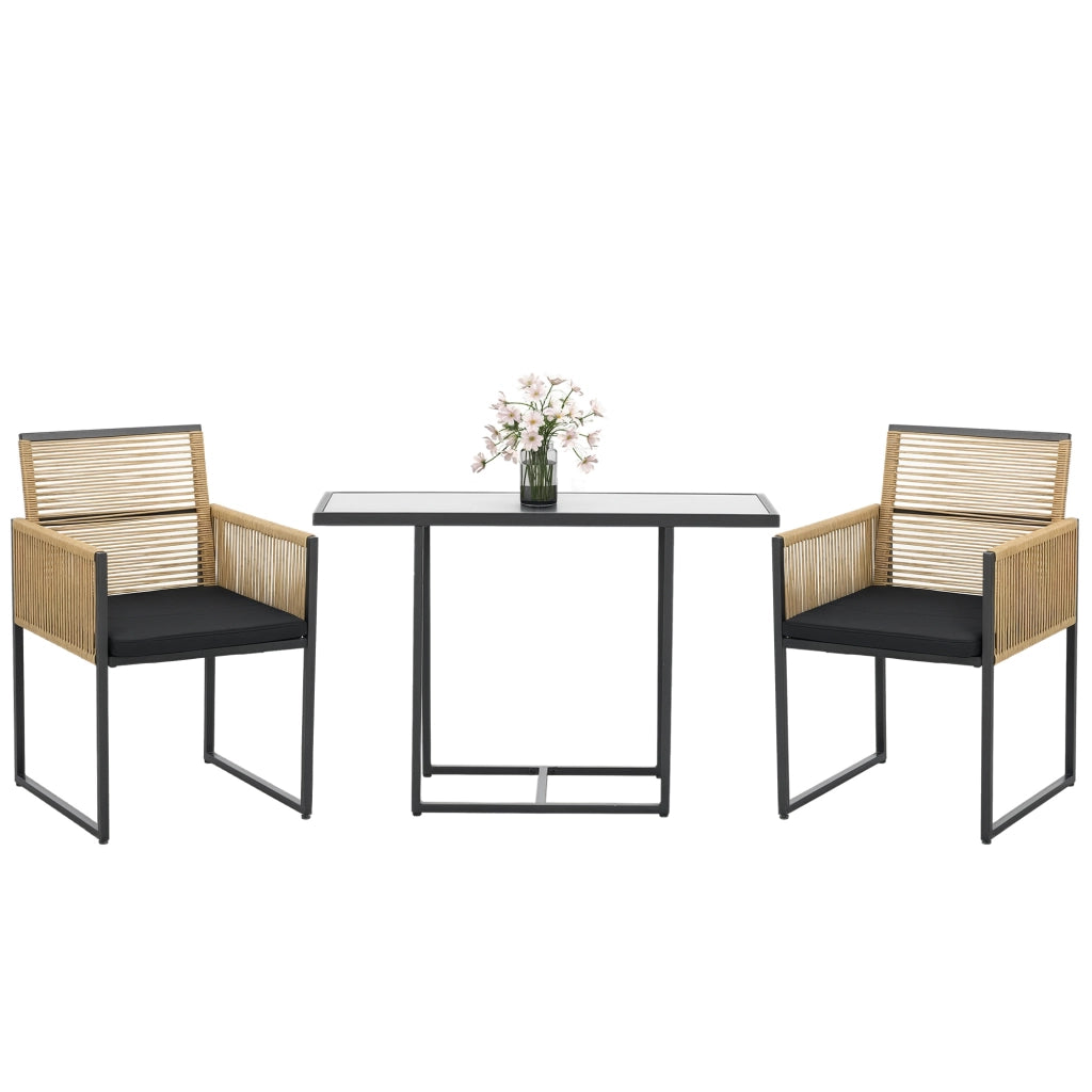 Tavolo da pranzo con vetro e 2 sedie in rattan ¨C zephmum ¨C nero e naturale 90x90x75 cm