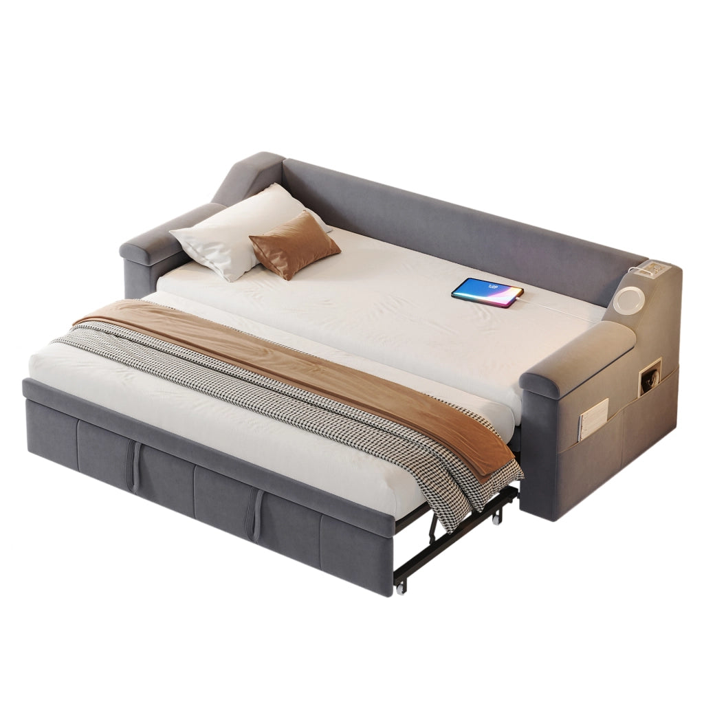 OKWISH Letto estraibile 90×190 cm e 180×190 cm, Letto Singolo con Bluetooth, USB, Vani Portaoggetti e Braccioli Spessi, senza Materasso, Grigio