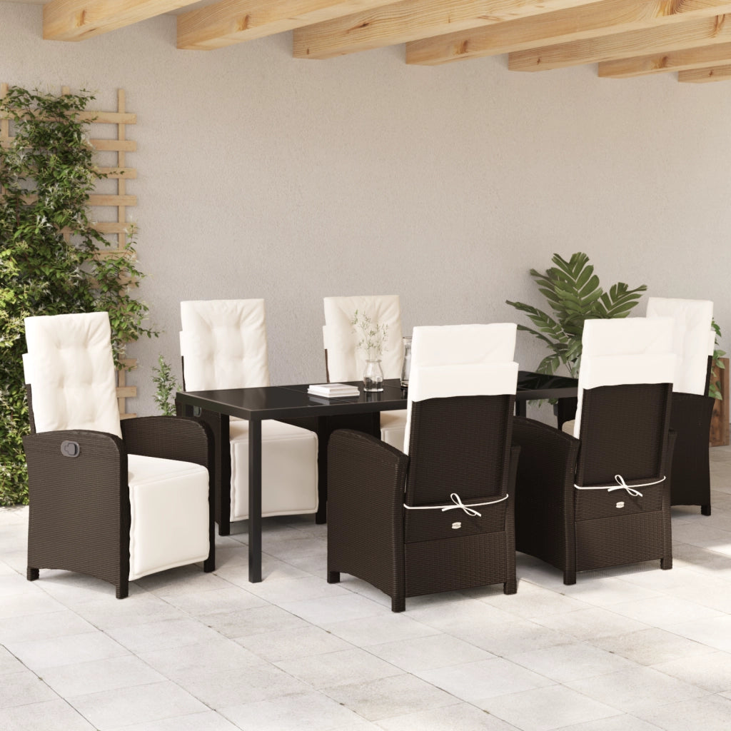 Set da Pranzo per Giardino 7 Pezzi con Cuscini in Rattan Marrone