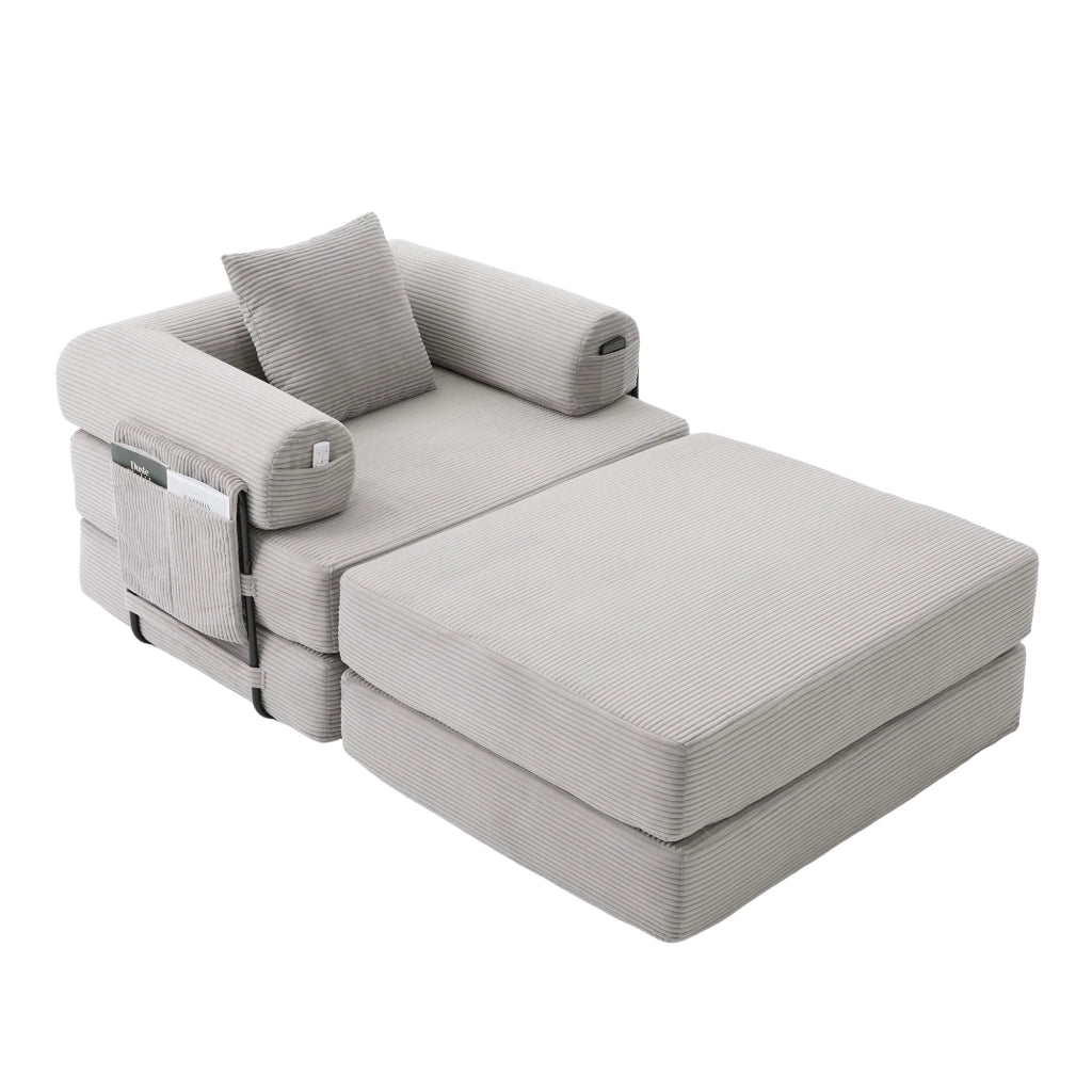 Divano modulare con cuscino e tasca laterale, design ergonomico per soggiorno, in velluto a coste grigio chiaro