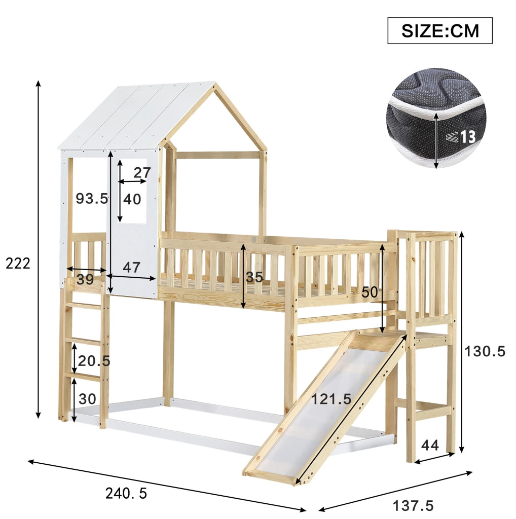 Letto a castello per bambini 90x200 cm con scivolo; tetto e finestra; in legno naturale e bianco