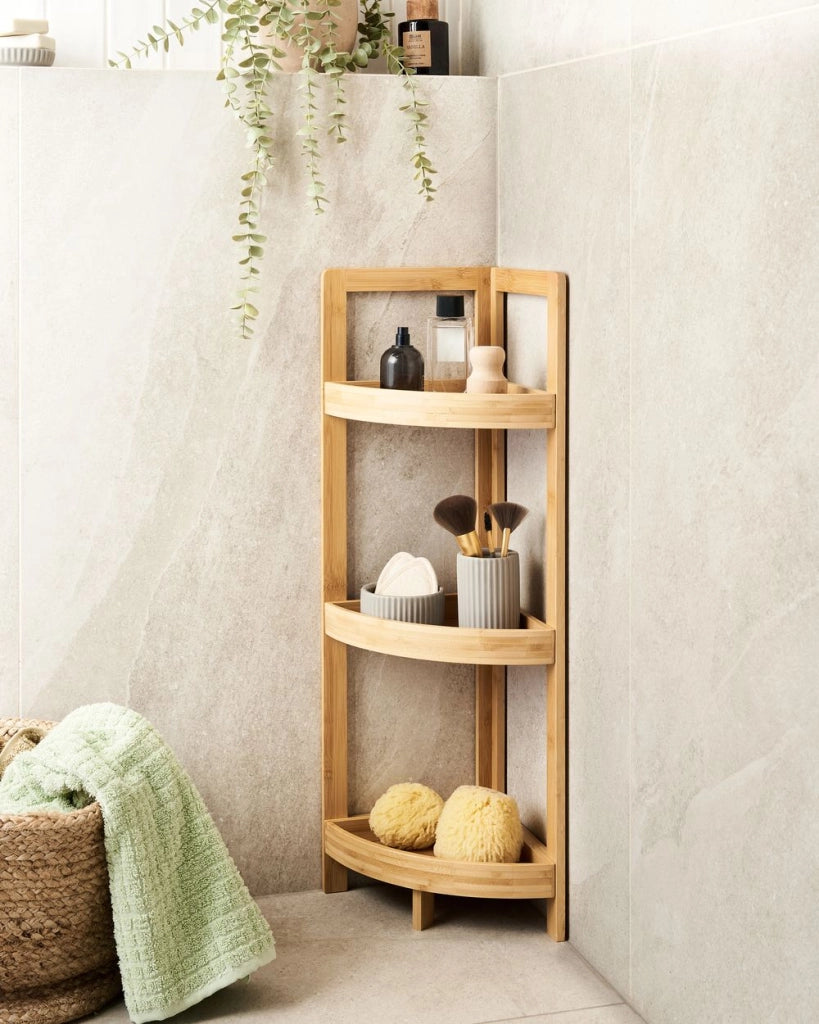 Scaffale angolare per bagno in bambù a tre ripiani Design marrone chiaro con cestino