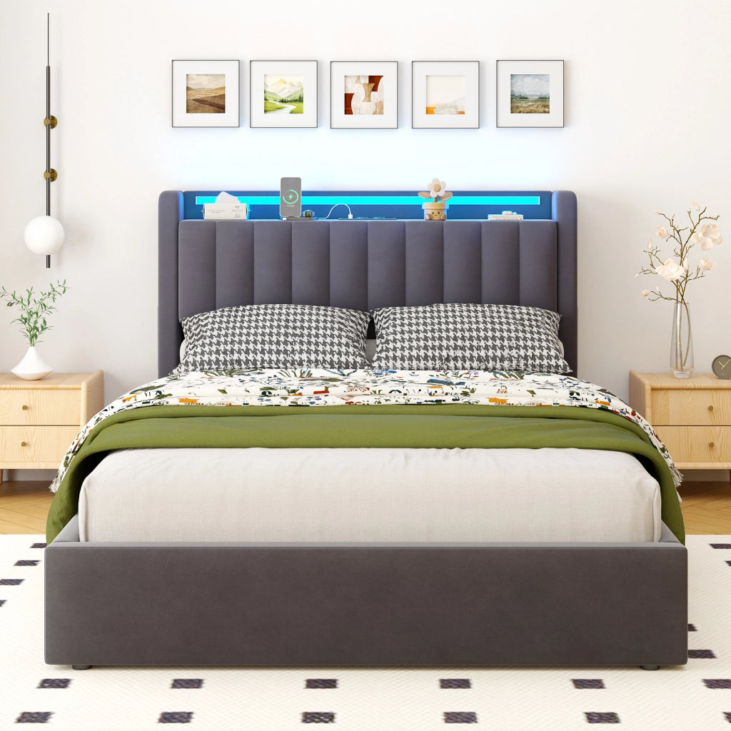 LETTO Imbottito 140 x 190 cm Grigio Scuro con Contenitore, USB e LED