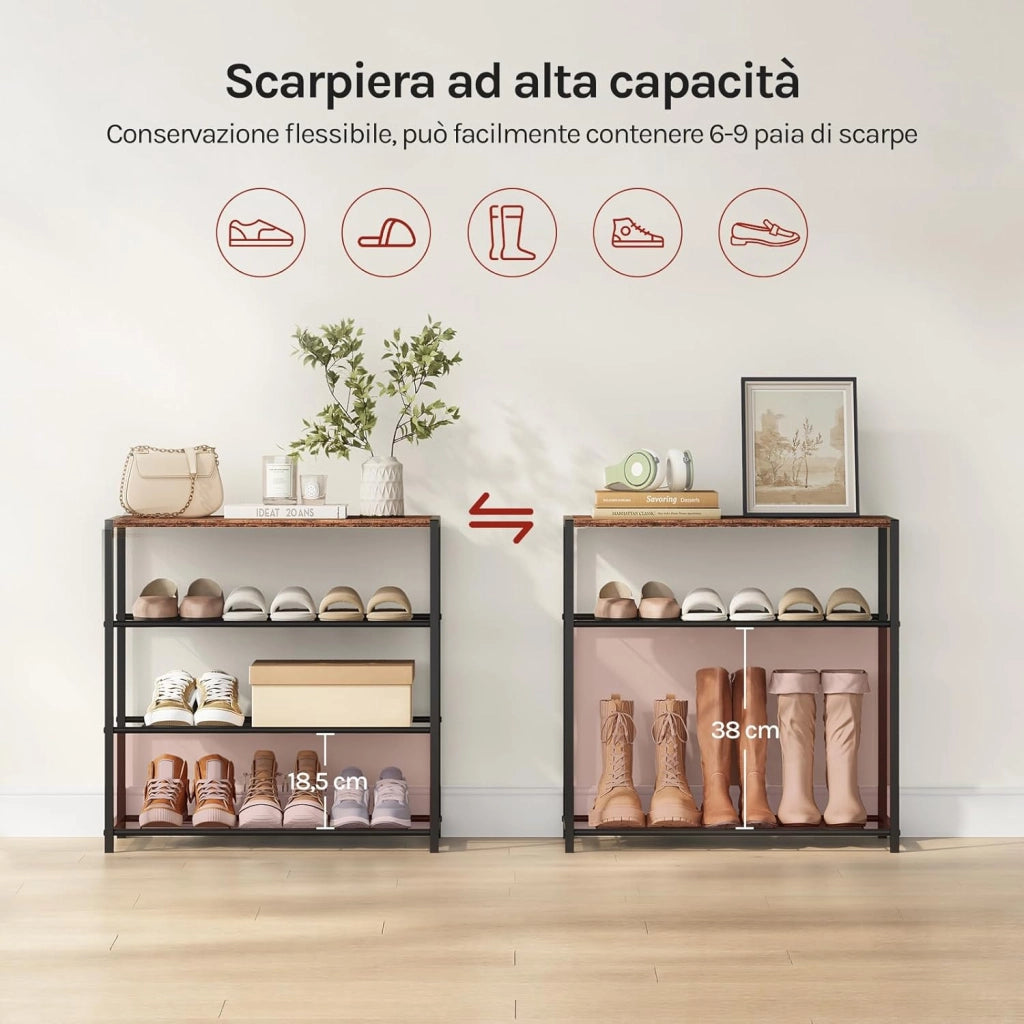 Scarpiera da Ingresso Panca Scarpiera a 3 Ripiani per 9 Scarpe, Porta Scarpe Scaffale con Seduta in Legno e Metallo