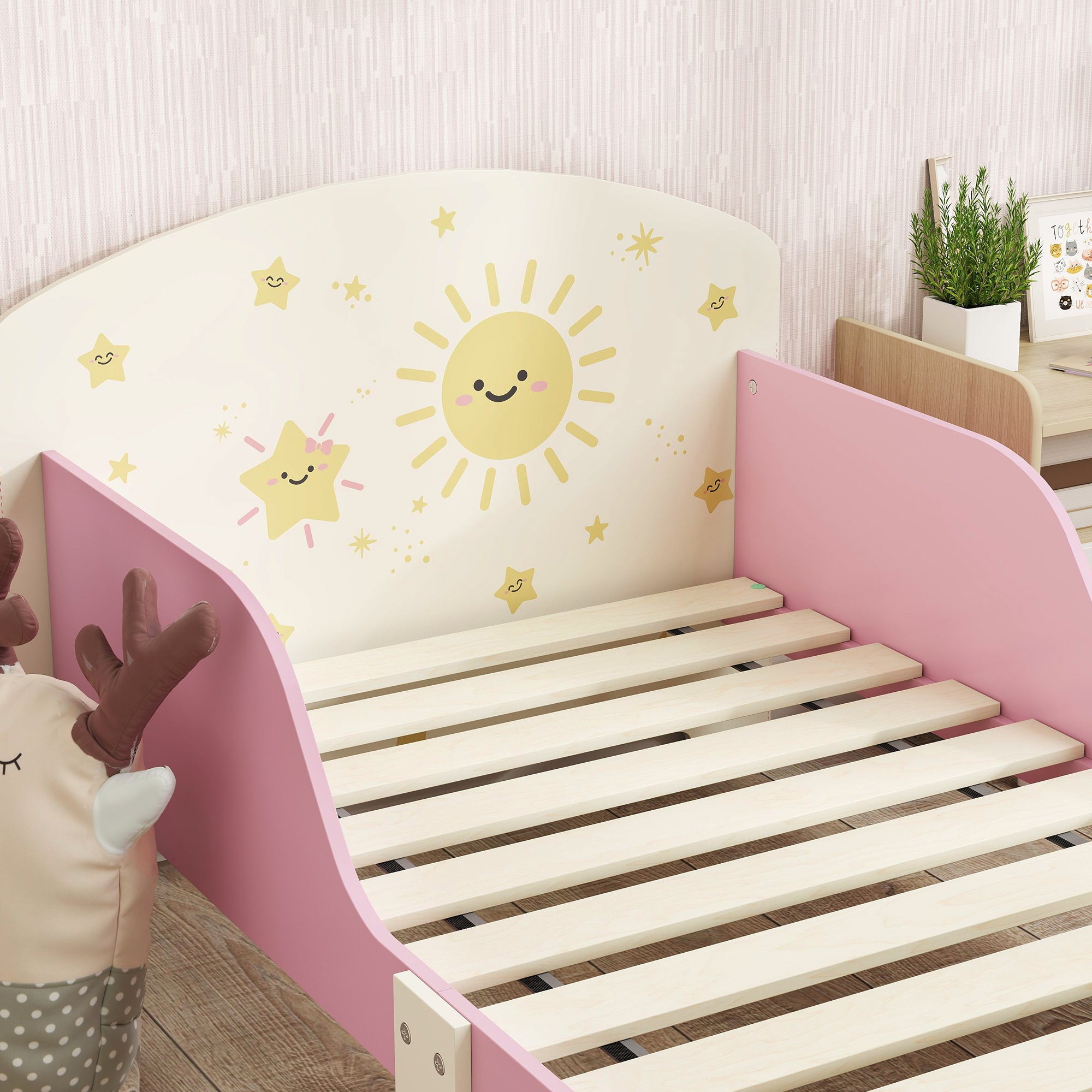 Letto Basso per Bambini 3-8 Anni 150x77x60 cm con Spazio Contenitore e Sponde Laterali in MDF Rosa