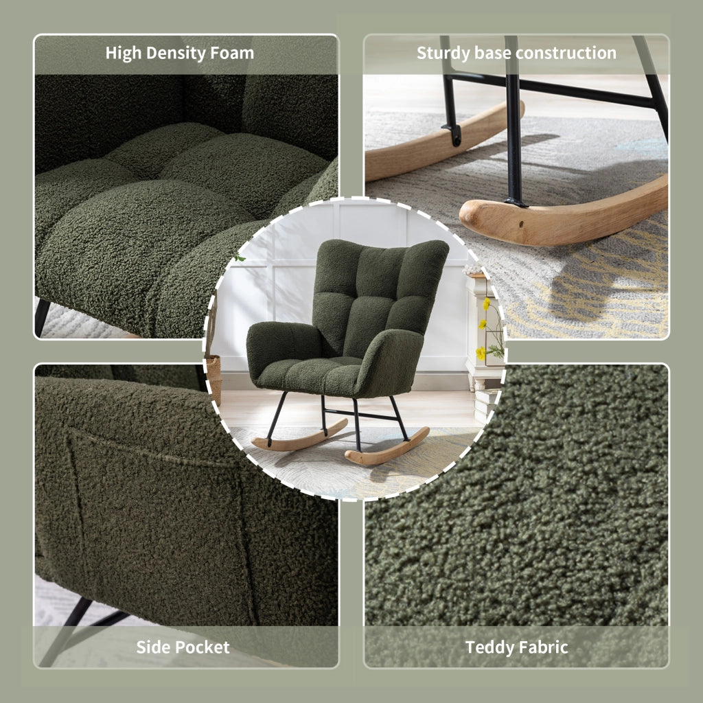Sedia a dondolo in tessuto teddy con design ergonomico, braccioli e base in legno massello verde scuro