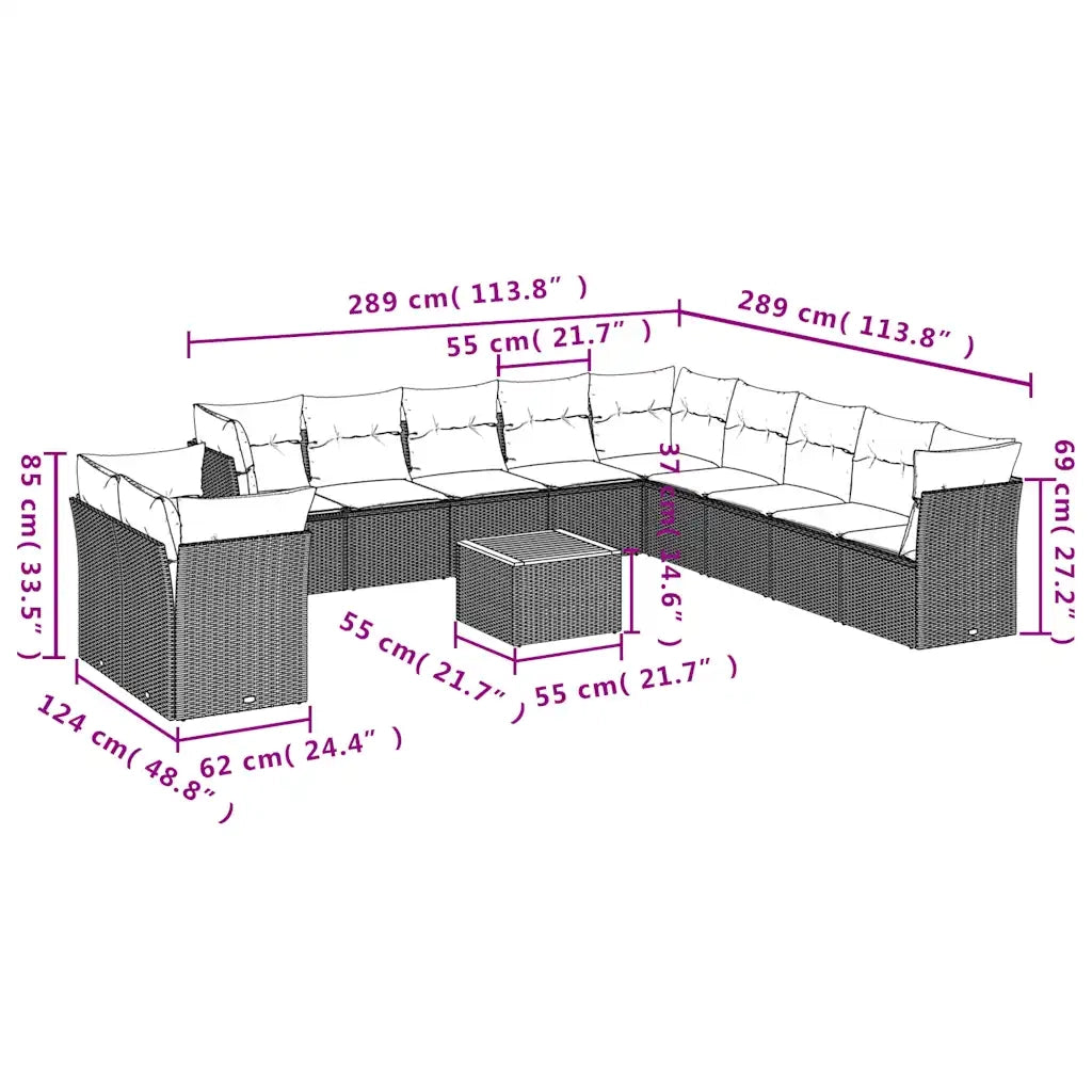 Set Divani da Giardino 12pz con Cuscini Nero in Polyrattan