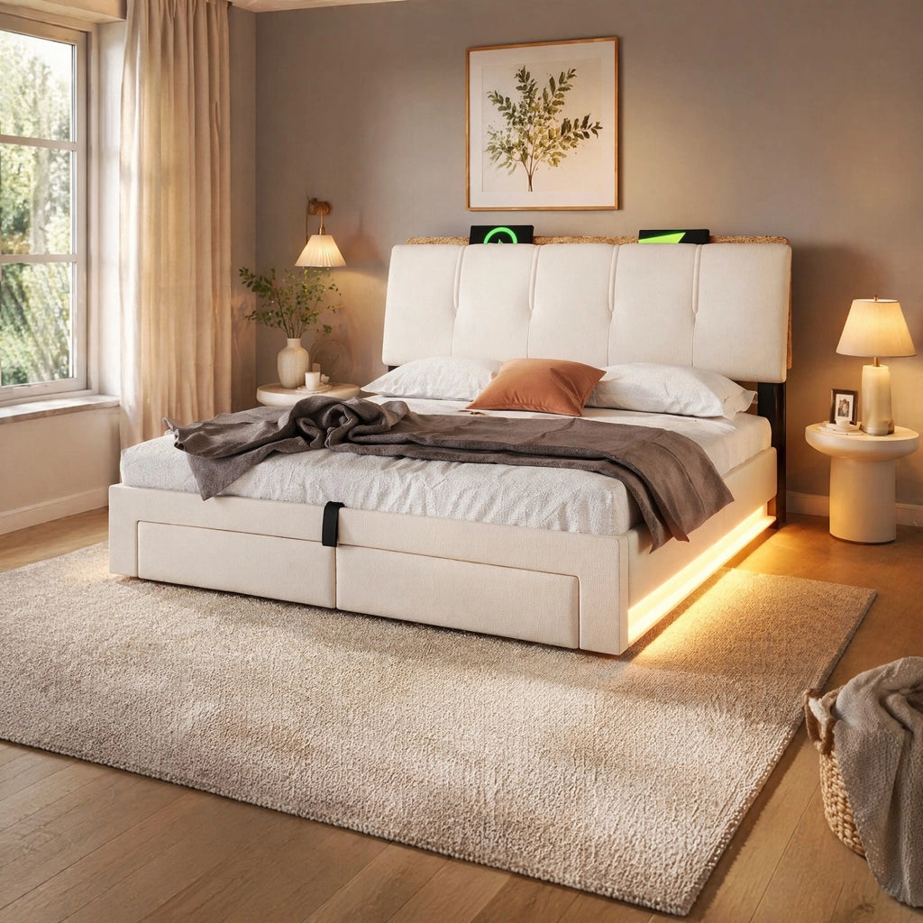 LETTO Contenitore 140x200 cm in lino beige con USB, Type-C e LED