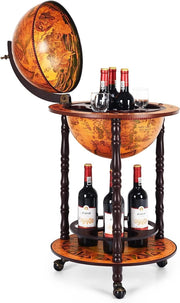 Porta Bottiglie di Vino con Ruote, Mappamondo Bar, Portabottiglie Vino in Legno Eucalipto, Carrello da Bar, Mini Bar con Ruote a Stile Classico (45 x 45 x 88 cm, marrone)