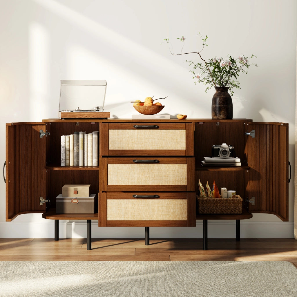 Credenza in MDF effetto noce 120x40x82 cm con 2 ante; 3 cassetti e ripiani regolabili