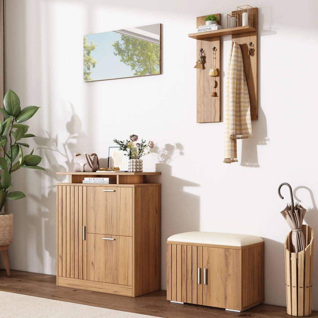 Set guardaroba da ingresso con panca, scarpiera, specchio e 4 ganci, finitura naturale, 140¡Á35¡Á133 cm