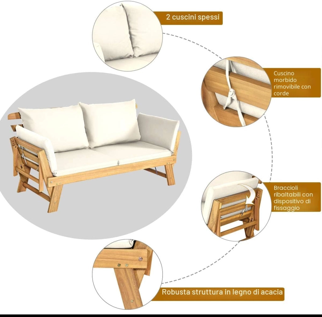 Divano Esterno Giardino 2 Posti, 2 in 1 con Cuscino Morbido, Divanetto da Esterno in Legno di Acacia con Braccioli Regolabili, Sdraio per Terrazza e Cortile, 198/157 x 75 x 75 cm (Bianco)