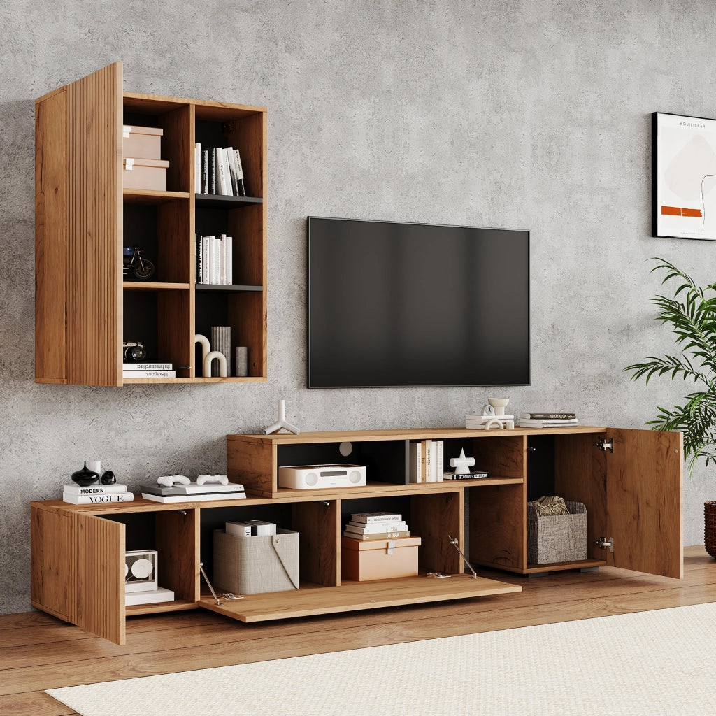 Mobile porta TV con pensile 4 ante e 2 vani aperti lunghezza regolabile finitura rovere e nero per soggiorno