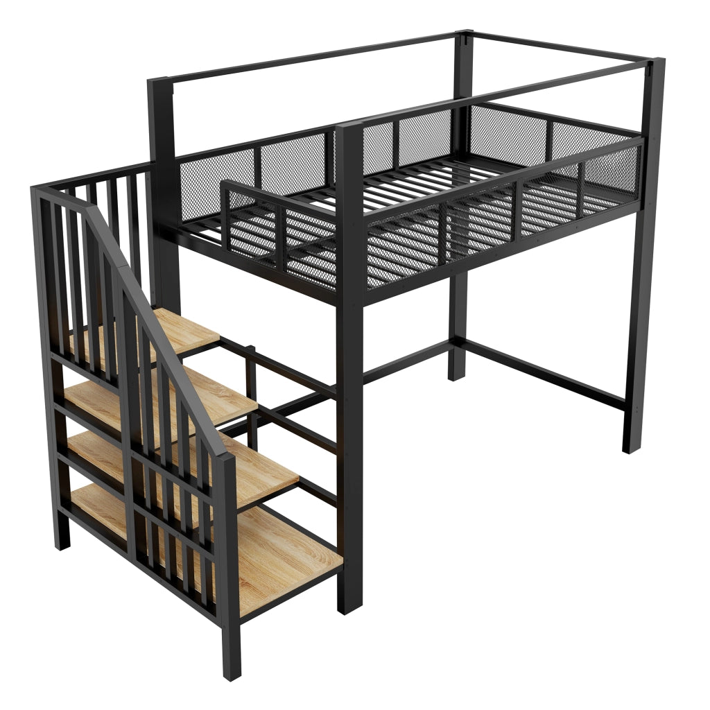 Letto a soppalco in metallo 90x200 cm con scala contenitore, struttura alta, colore nero