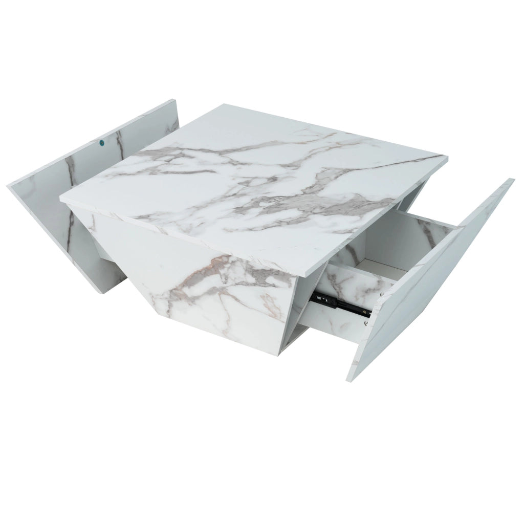 TAVOLINO DA CAFFÈ trapezoidale 70x70x37 cm bianco in MDF effetto marmo, con 2 cassetti