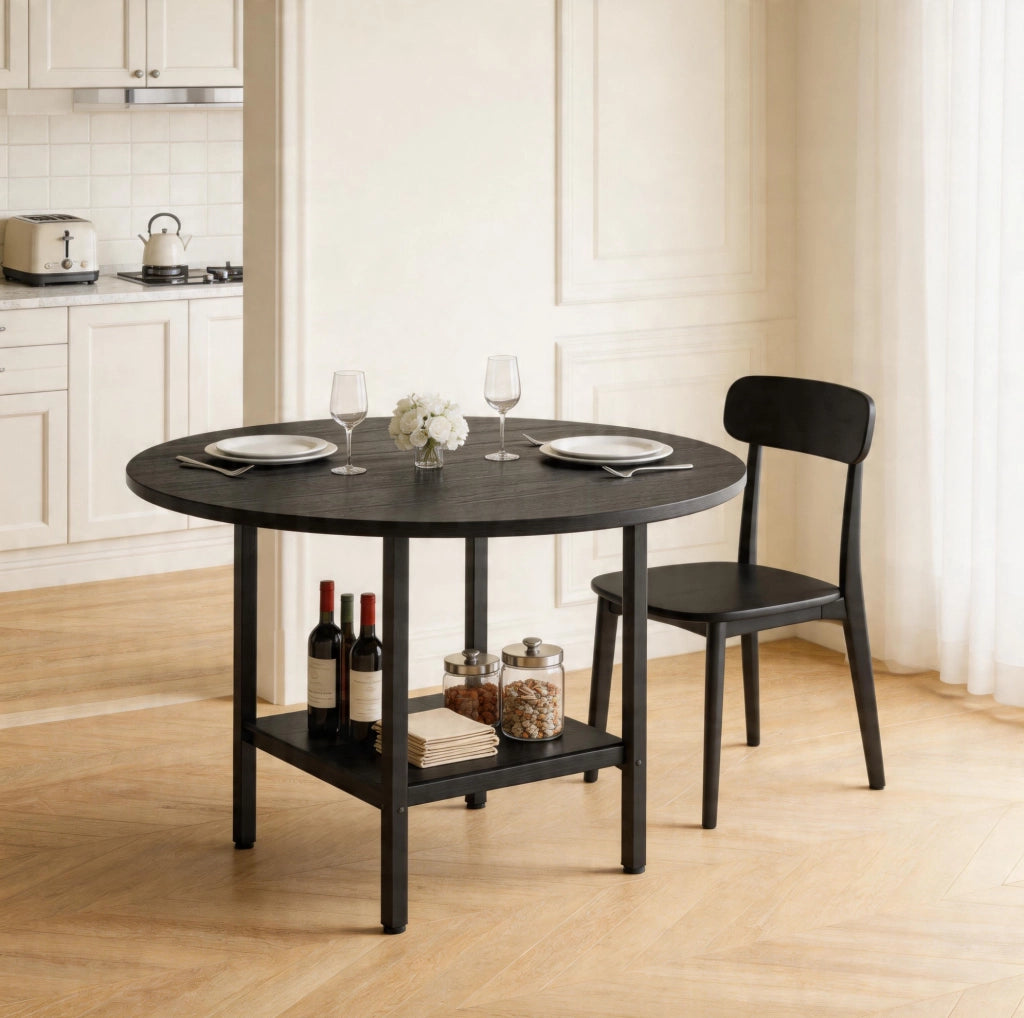 Tavolo rotondo da pranzo con ripiano portaoggetti 100 cm nero in MDF e metallo per 4-6 persone