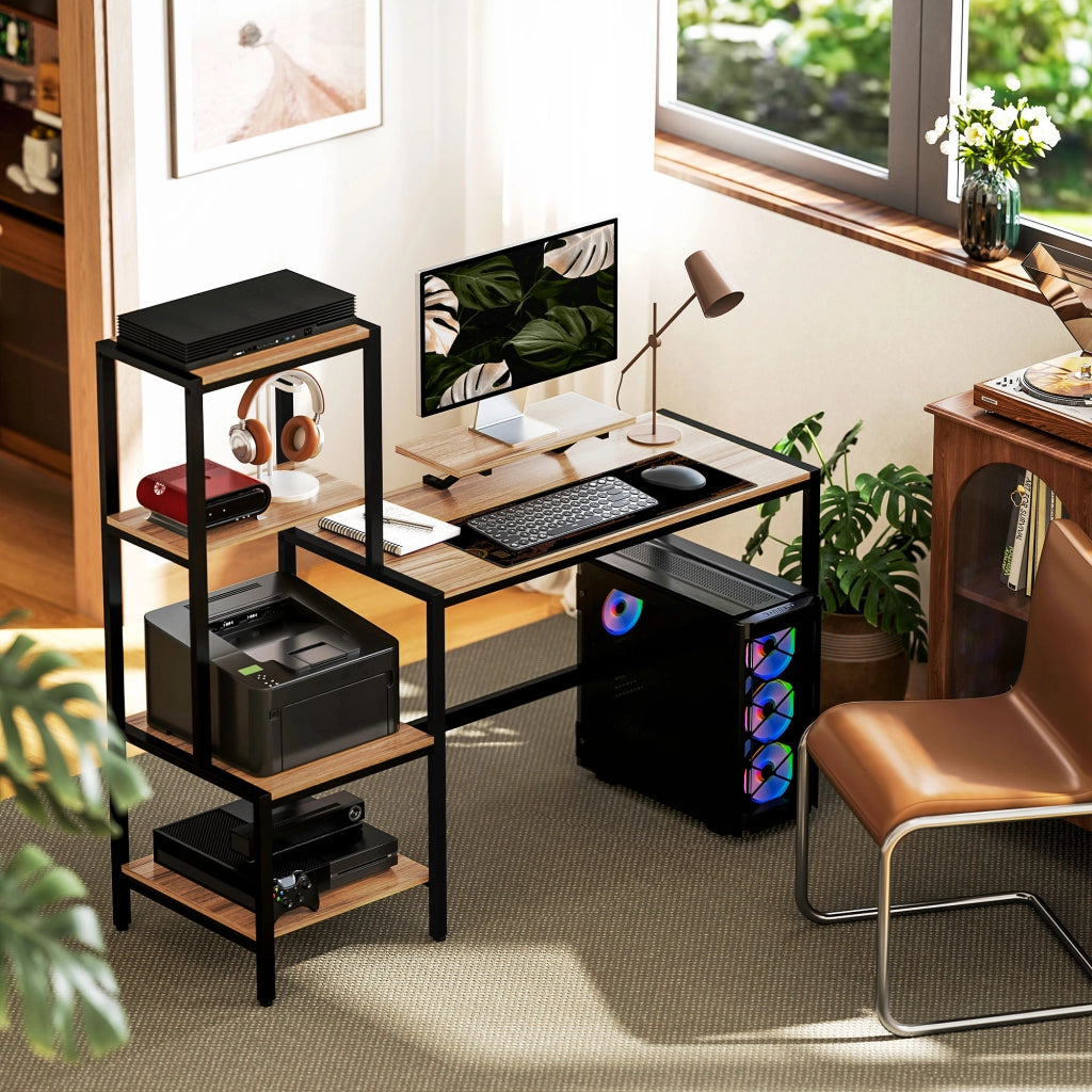 Scrivania con scaffale a 4 ripiani e supporto monitor ¨C Minimal ¨C Marrone 90x50x