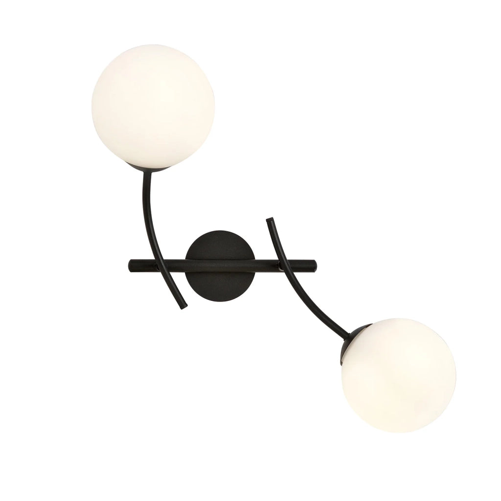 Applique Moderna 2 Luci Oceano In Acciaio Nero Bracci Regolabili E Vetro Opalino