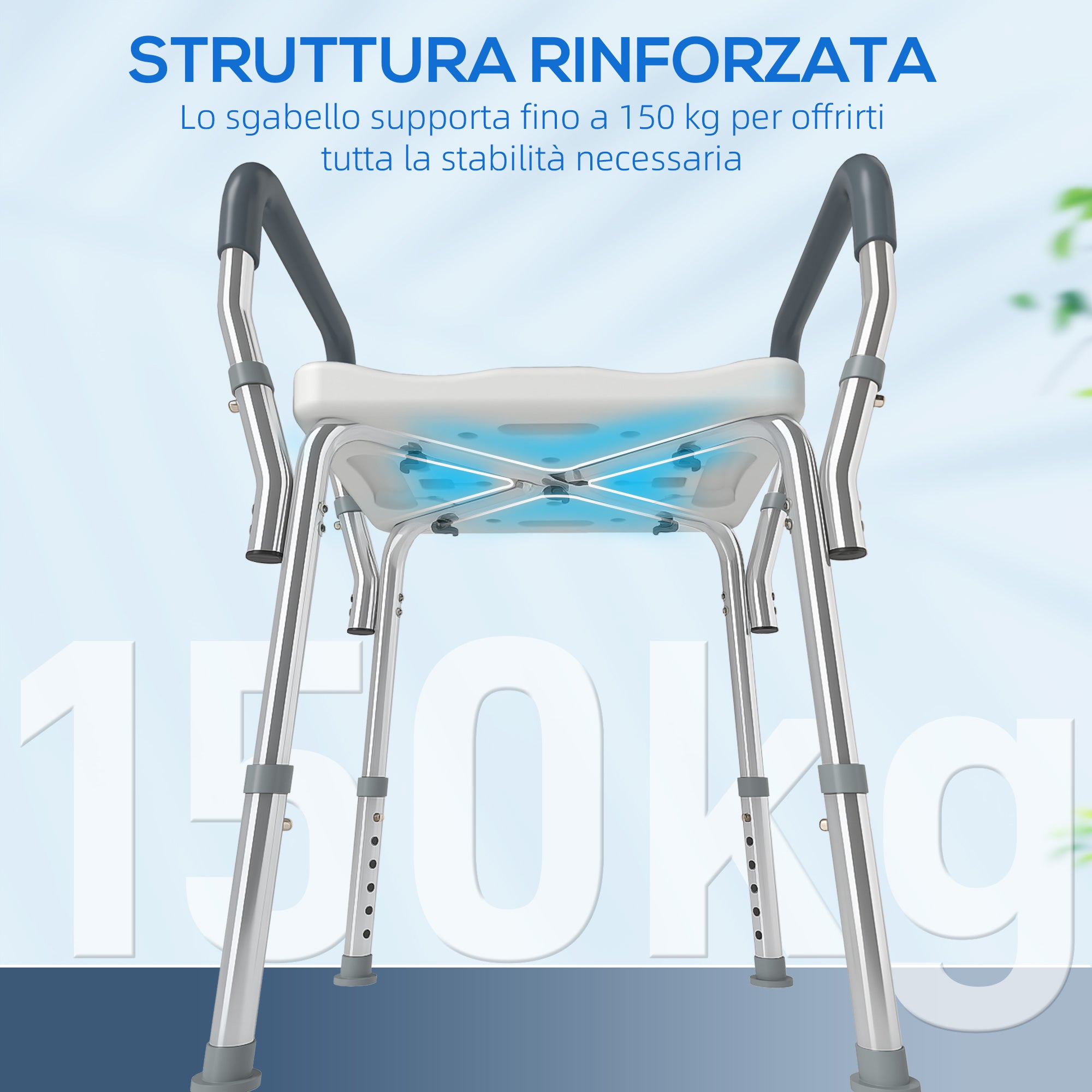 Sgabello per Doccia Regolabile 52x45x57-69 cm con Braccioli e Fori di Drenaggio in Alluminio HDPE e EVA Blu