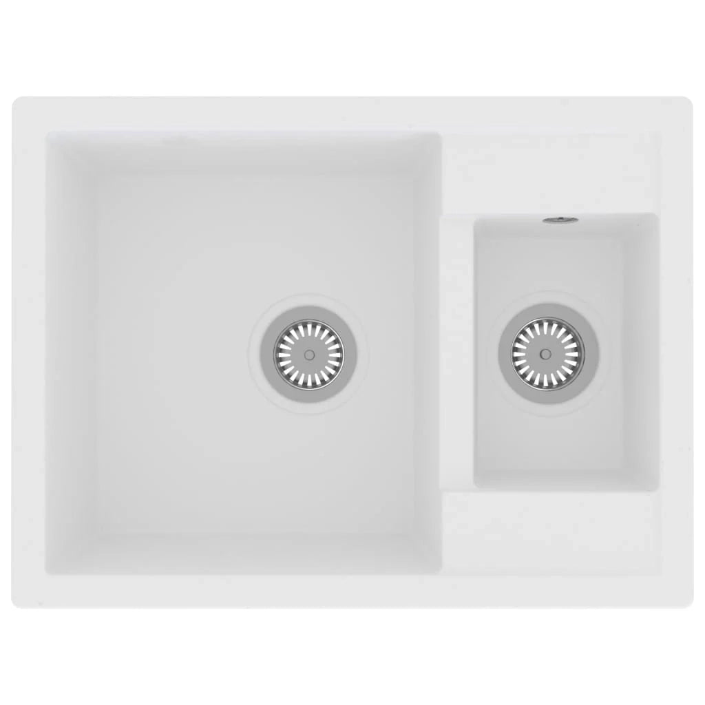 Lavello doppio da cucina con foro troppopieno 58 x 44 cm granito bianco 02_0004378