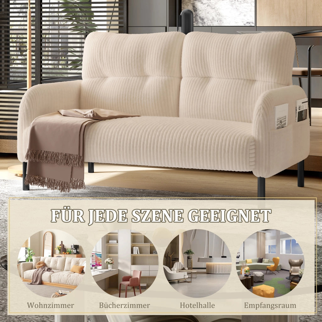 Divano Lineare 2 Posti con Tasca Laterale Schienale Alto Ergonomico Piedini in Metallo in Velluto a Coste Beige