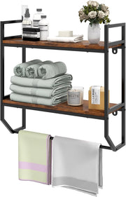 Mensole Bagno a Parete con Barra, Porta Asciugamani e Telaio in Metallo, Scaffale a Muro da Bagno 2 Livelli, Mensole da Muro in Stile Industriale per Soggiorno, Cucina, Marrone Rustico