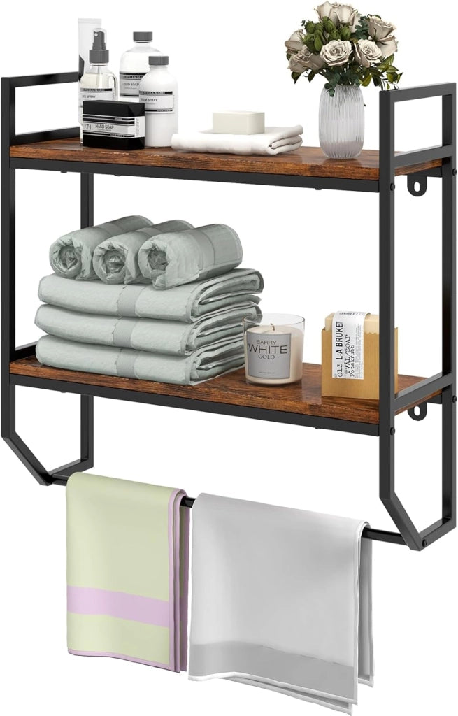 Mensole Bagno a Parete con Barra, Porta Asciugamani e Telaio in Metallo, Scaffale a Muro da Bagno 2 Livelli, Mensole da Muro in Stile Industriale per Soggiorno, Cucina, Marrone Rustico