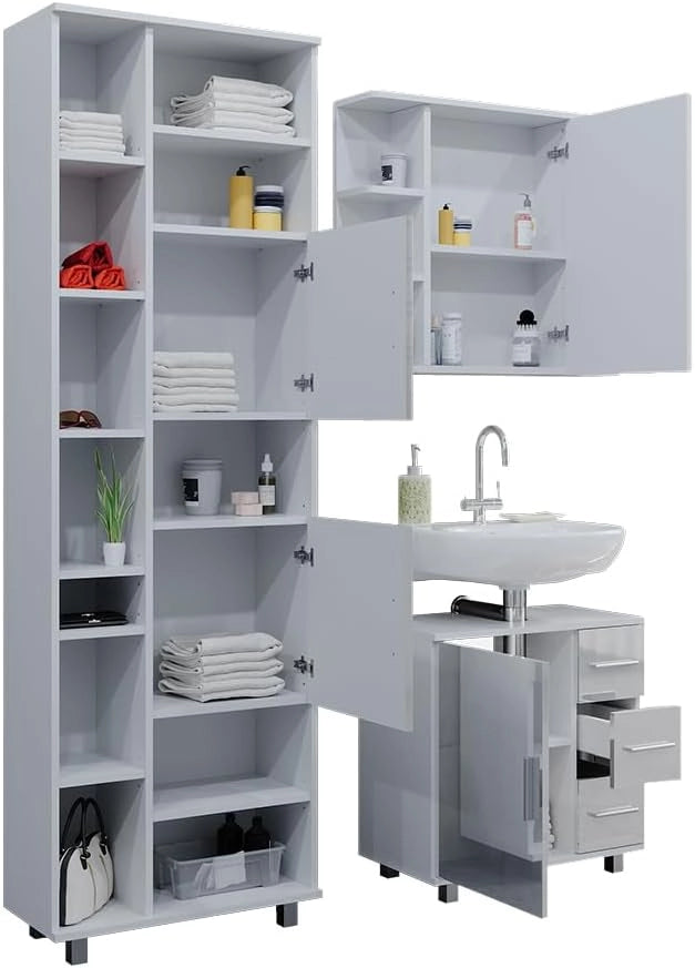 Set mobili bagno Ilias, Bianco lucido, 60 cm, composto da mobile sottolavabo, specchiera e colonna alta