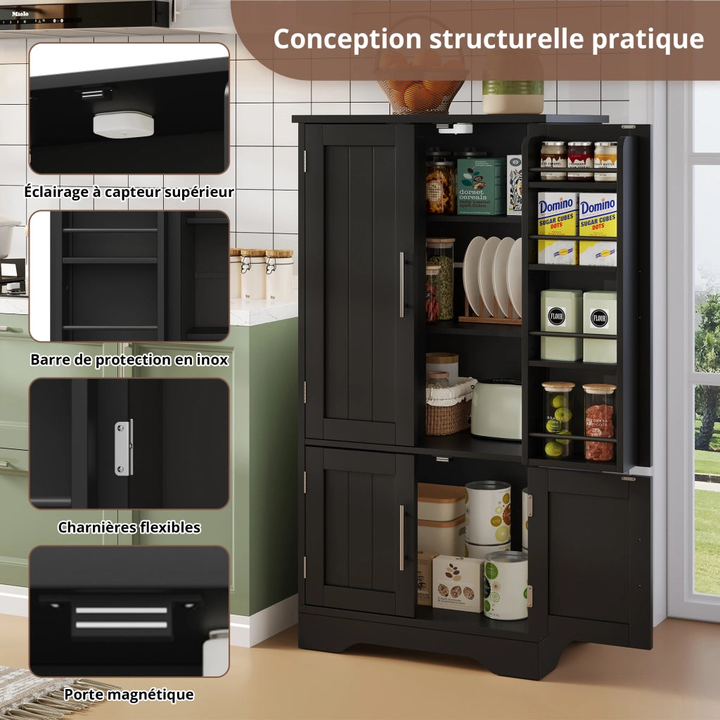 Credenza con 4 ante; ripiani regolabili e luce LED - per cucina - 120×60×40 cm - nero