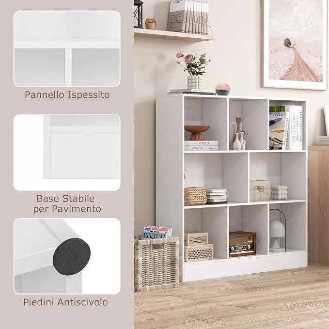 Libreria a 8 Cubi, Organizzatore di Stoccaggio a 3 Ripiani con 2 Kit Anti-Ribaltamento, Scaffale Multiuso in Legno per Soggiorno, Ufficio Stanza Bambini, 100x24x104 cm (Bianco)