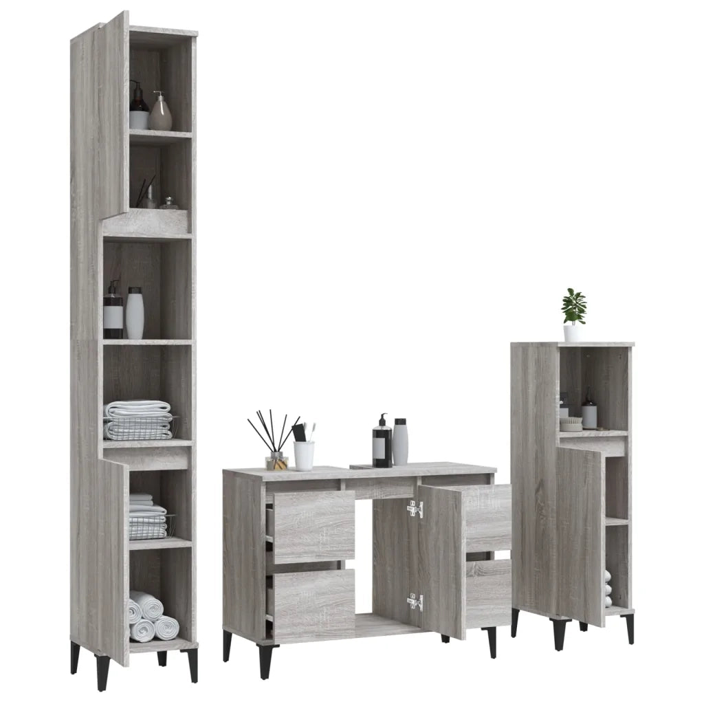 Set Mobili da Bagno 3 pz Grigio Sonoma in Legno Multistrato 3185611