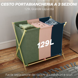 Cesto Portabiancheria Pieghevole 75x48x67 cm a 3 Scomparti in Bambù e Tessuto Effetto Lino Multicolore
