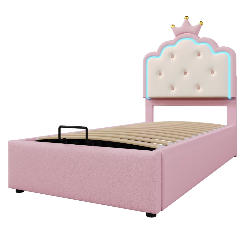 Letto imbottito per bambini 90x200 cm con rete a doghe, luce LED ambientale, contenitore idraulico, rosa