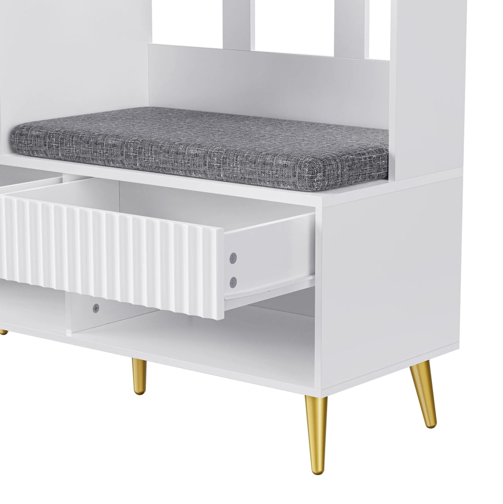 Mobile guardaroba da ingresso 100x35x180 cm in MDF bianco con panca e 4 ganci