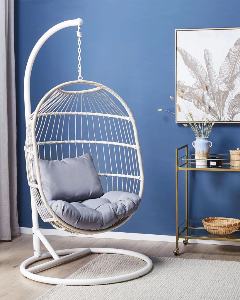 Poltrona Sospesa con Cesta in Corda di Poliestere Beige per Interno ed Esterno Boho