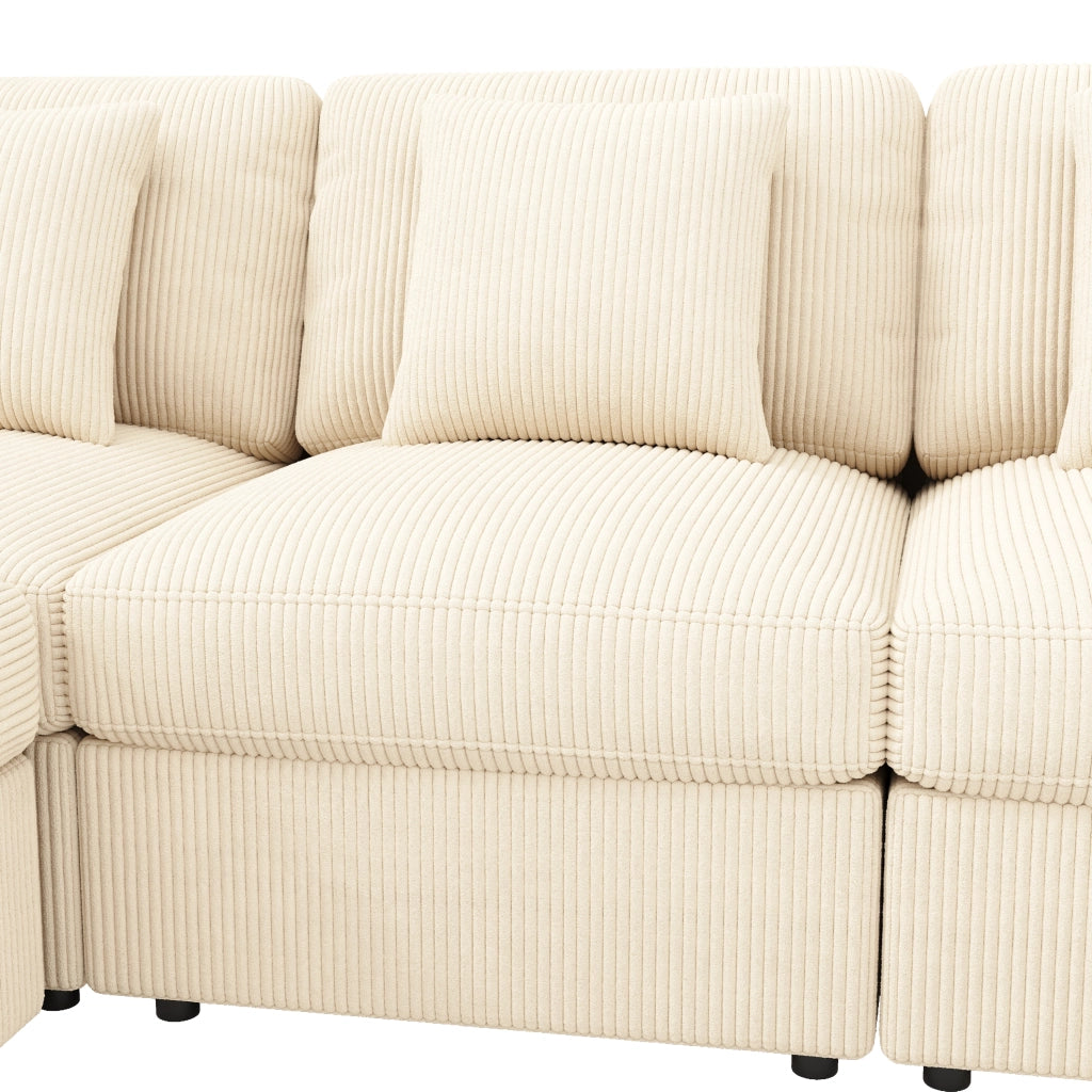 Divano angolare modulare con braccioli regolabili e 2 pouf mobili in tessuto a coste beige 290 × 159,5 × 89 cm