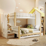 Letto a castello per bambini con tetto; 90x200 e 140x200 cm; in pino; bianco e naturale